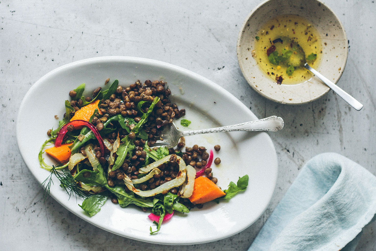 Fennel recipe: lentil salad with amaranth oil and mint dressing