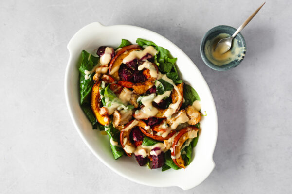 Roasted root vegetable salad recipe with chia and mustard dressing